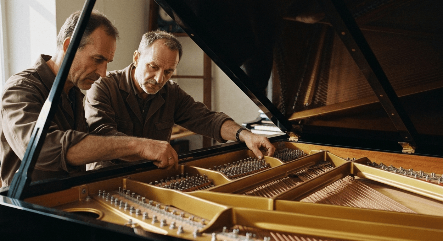 Vintage technician calibrating piano's internal mechanisms carefully. Vintage technician calibrating piano's internal mechanisms carefully.