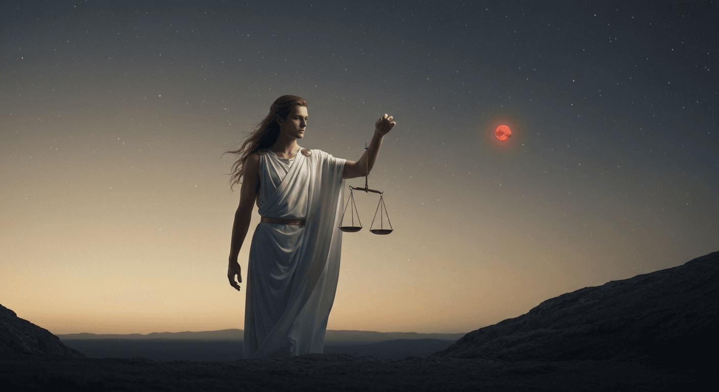 Warrior holding scales under starlit sky. Warrior holding scales under starlit sky.