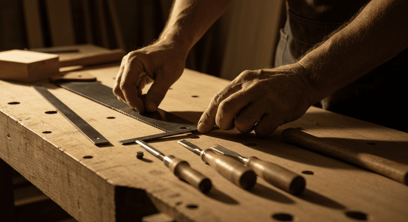 Weathered hands arranging precision tools on workbench. Weathered hands arranging precision tools on workbench.