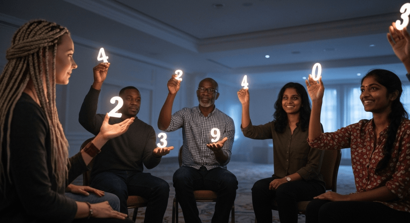 People in circle holding glowing numbers. People in circle holding glowing numbers.