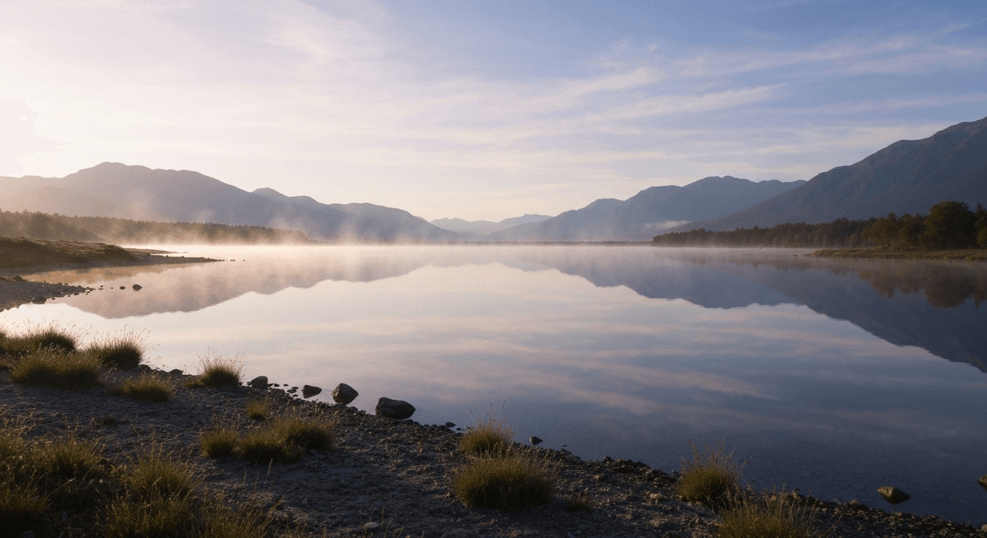 Serene lakeside dawn with perfect water reflections. Serene lakeside dawn with perfect water reflections.