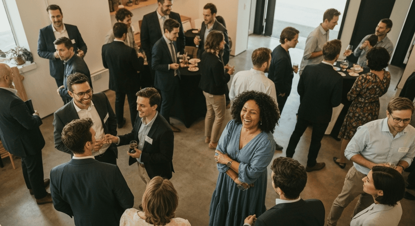 Overhead view of people networking in room. Overhead view of people networking in room.