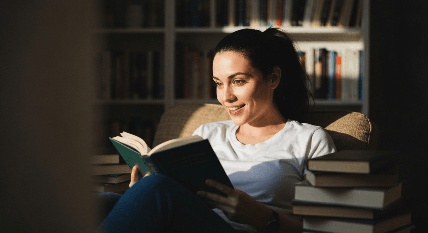 Person reading with sparkling eyes, pure delight. Person reading with sparkling eyes, pure delight.