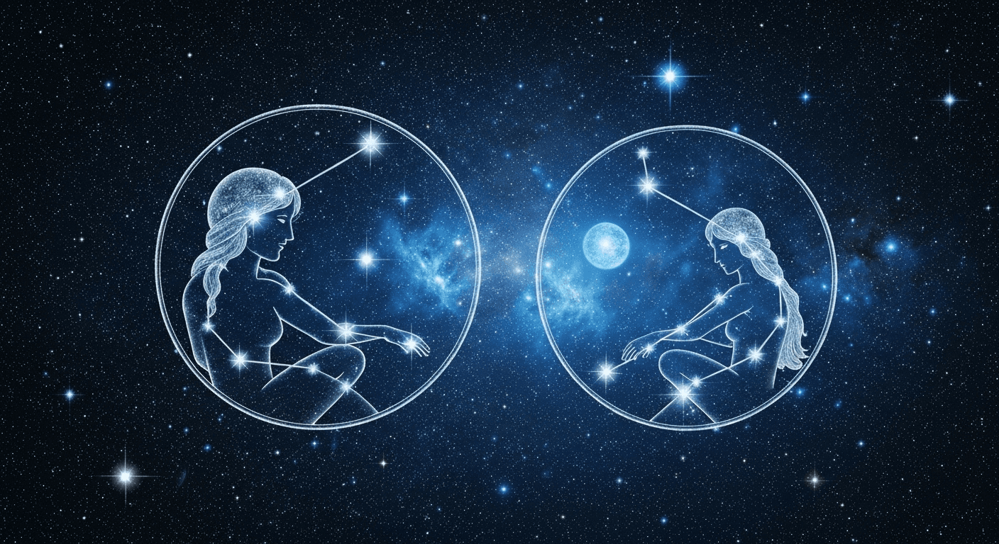 Twin constellation figures with glowing mercury planet. Twin constellation figures with glowing mercury planet.