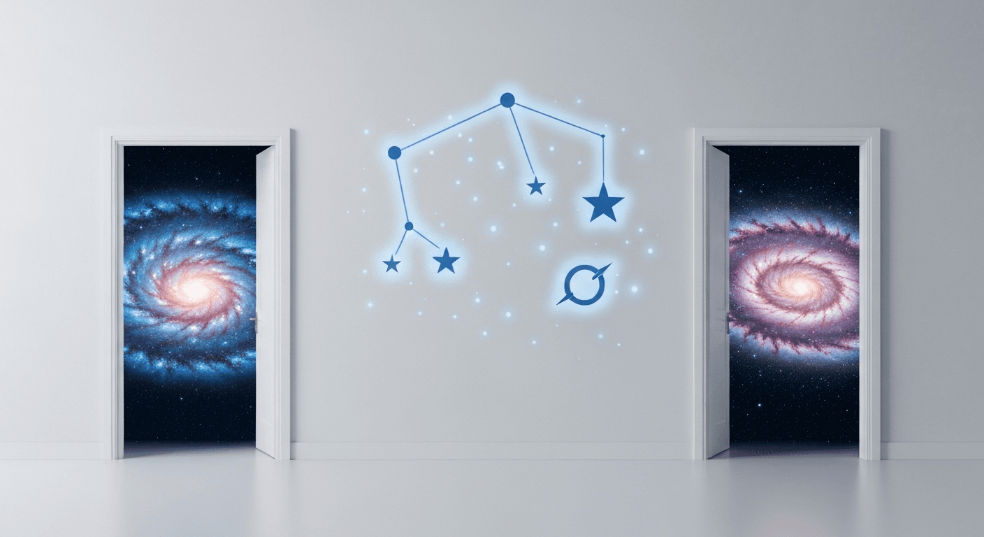 Twin doorways revealing swirling galaxies with constellation symbols. Twin doorways revealing swirling galaxies with constellation symbols.