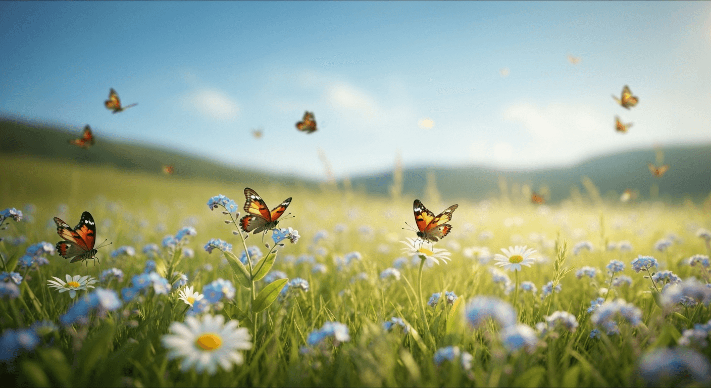 Wildflowers swaying with butterflies in sunny meadow. Wildflowers swaying with butterflies in sunny meadow.