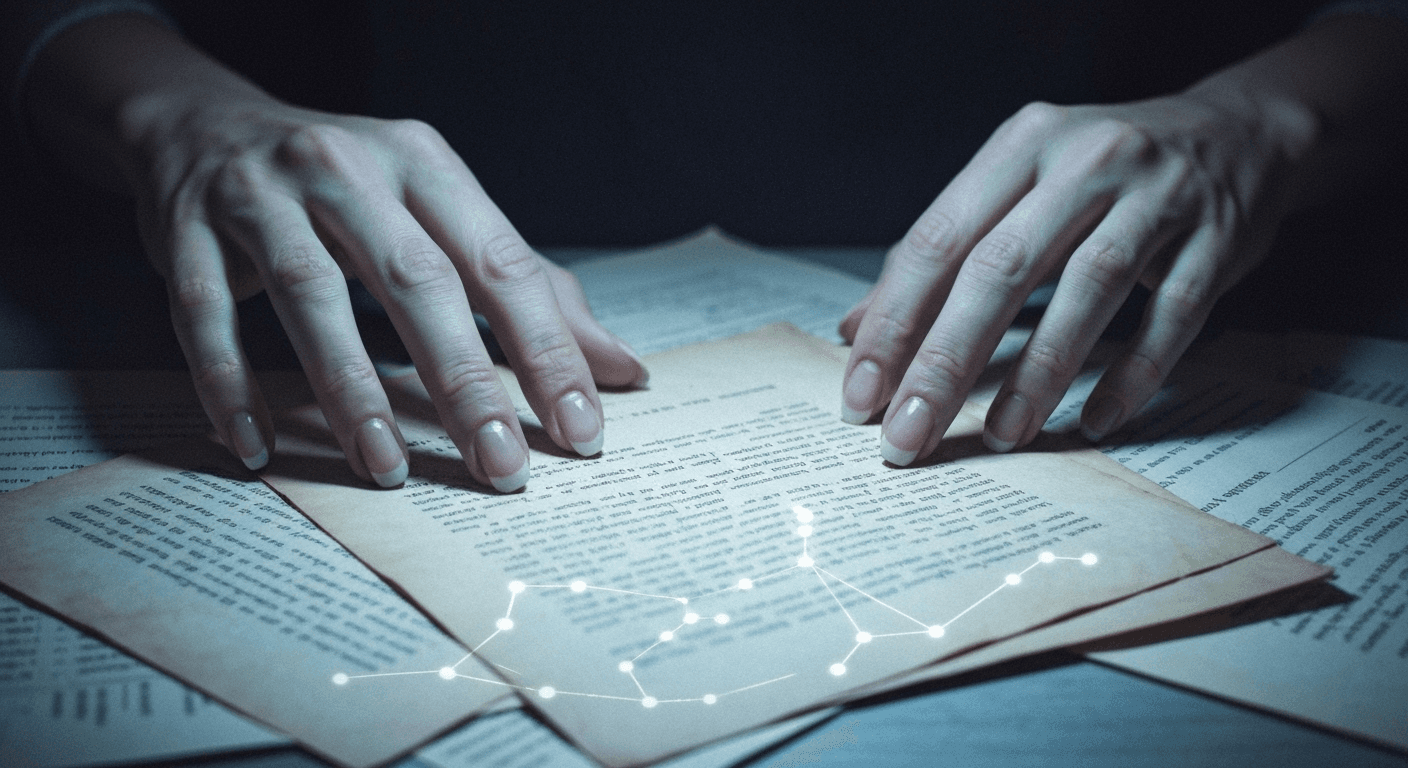 Anxious hands sorting scattered documents under moonlight. Anxious hands sorting scattered documents under moonlight.