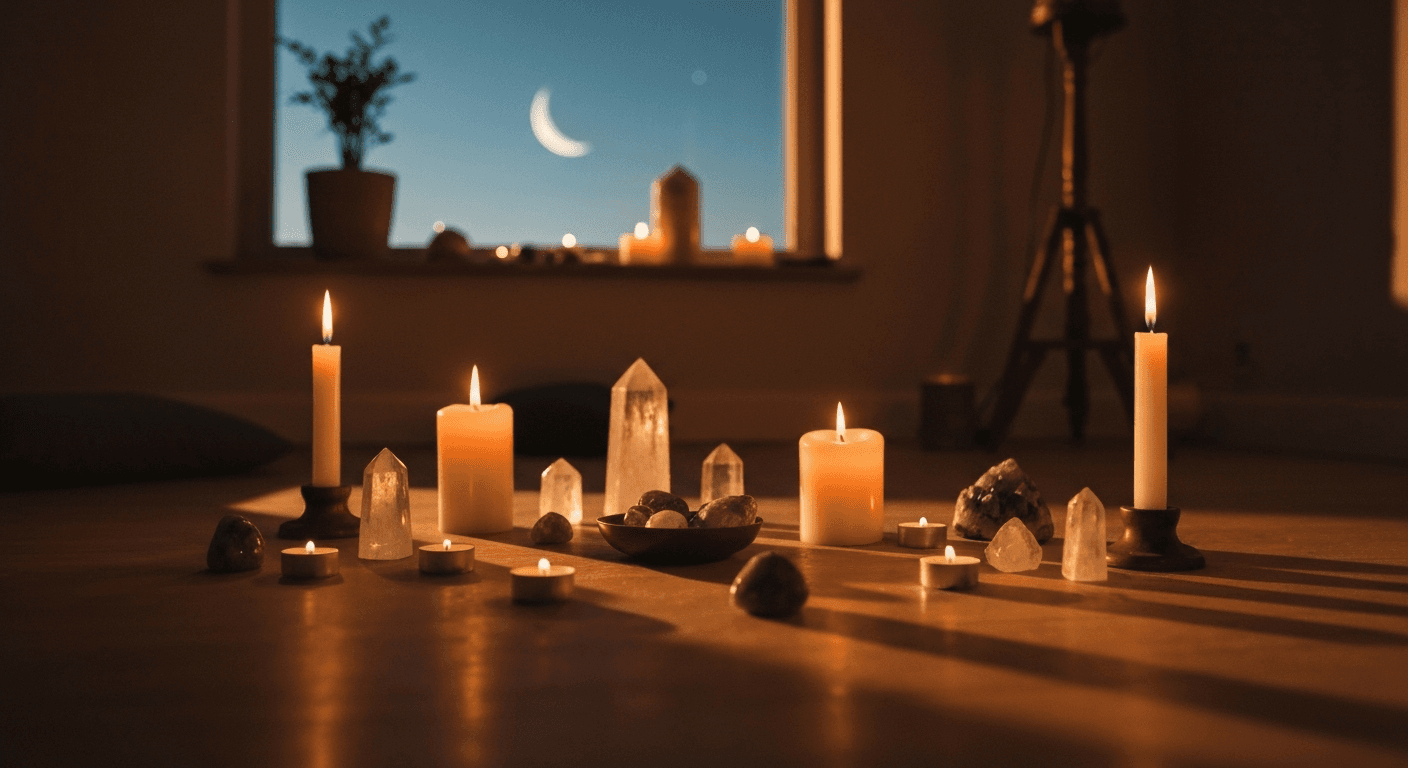 Crescent moon illuminating crystals and candles peacefully. Crescent moon illuminating crystals and candles peacefully.