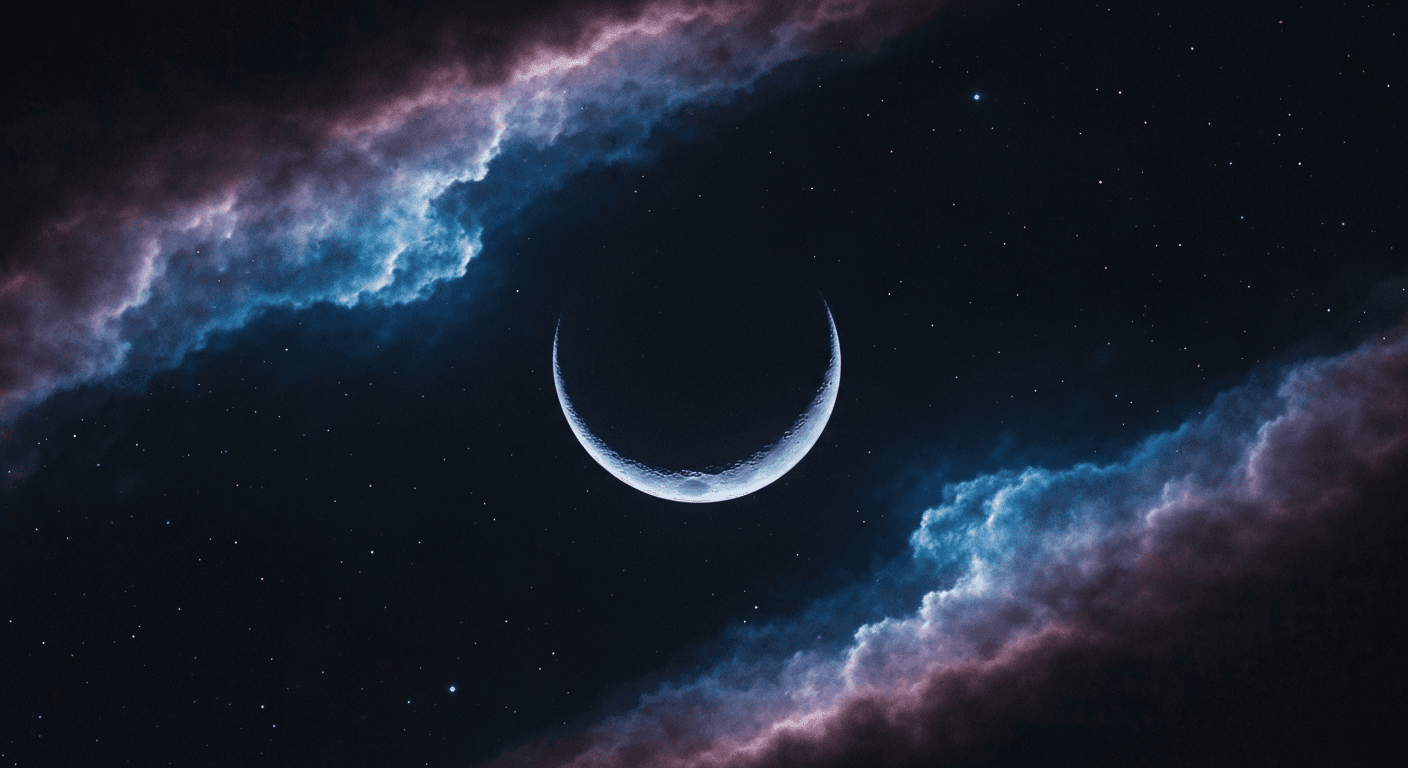 Crescent moon in purple nebula with twinkling stars. Crescent moon in purple nebula with twinkling stars.