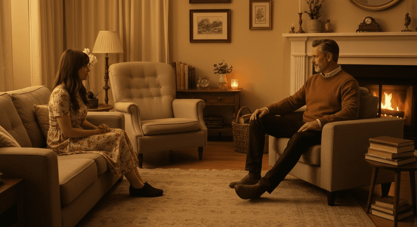 Family gathered around fireplace in cozy room. Family gathered around fireplace in cozy room.