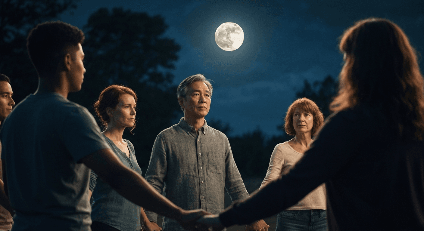 Full moon illuminating people holding hands together. Full moon illuminating people holding hands together.