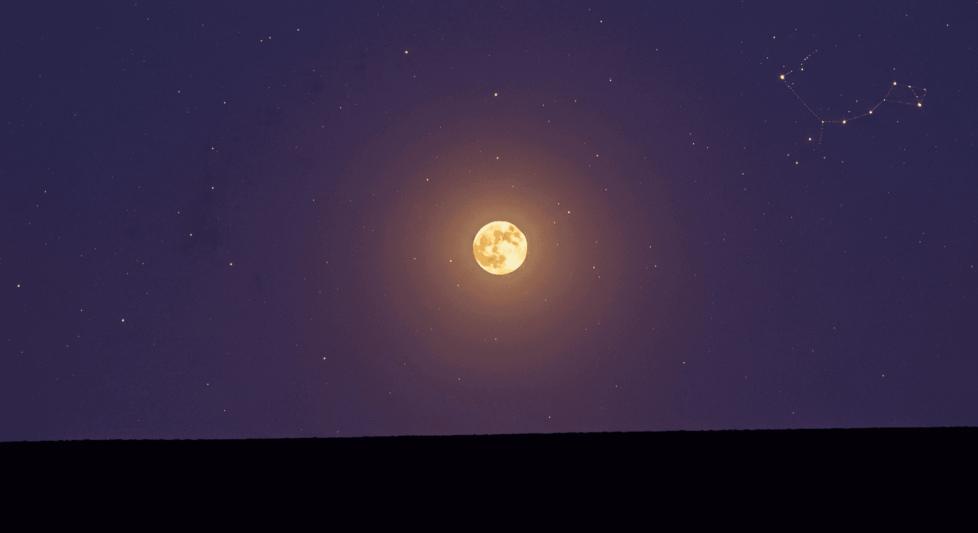 Golden full moon against purple starry sky. Golden full moon against purple starry sky.