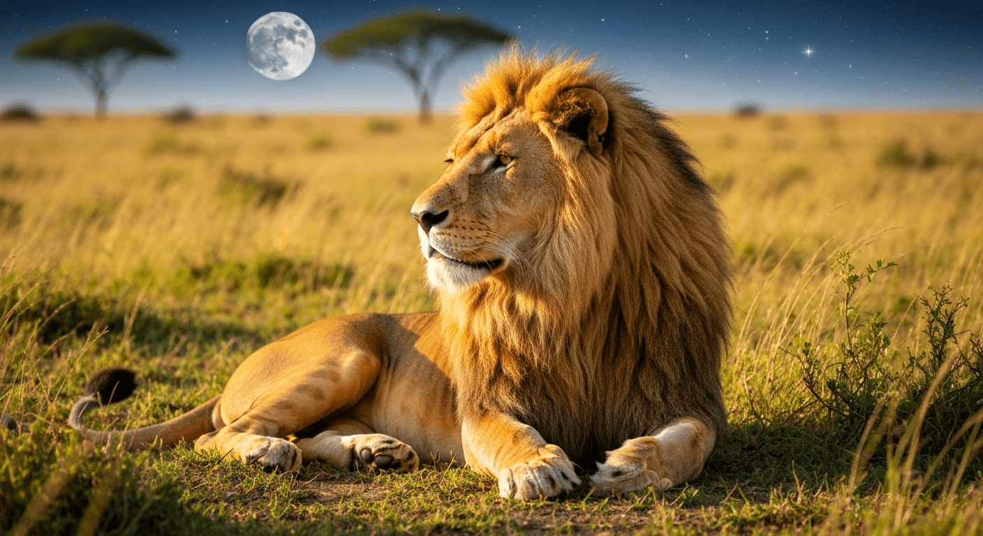 Golden lion with glowing mane under starlit sky. Golden lion with glowing mane under starlit sky.