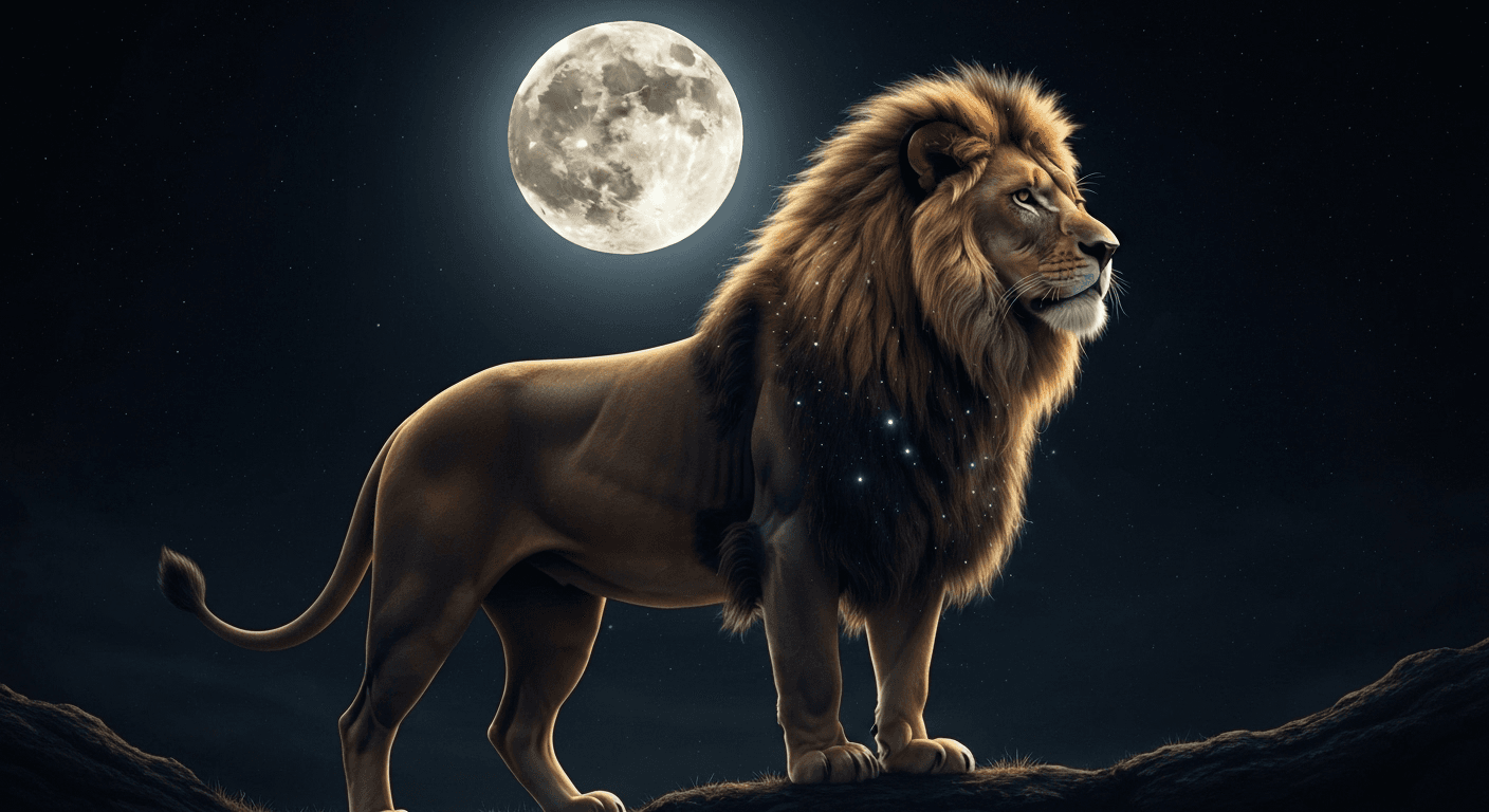 Lion silhouette against luminous full moon backdrop. Lion silhouette against luminous full moon backdrop.