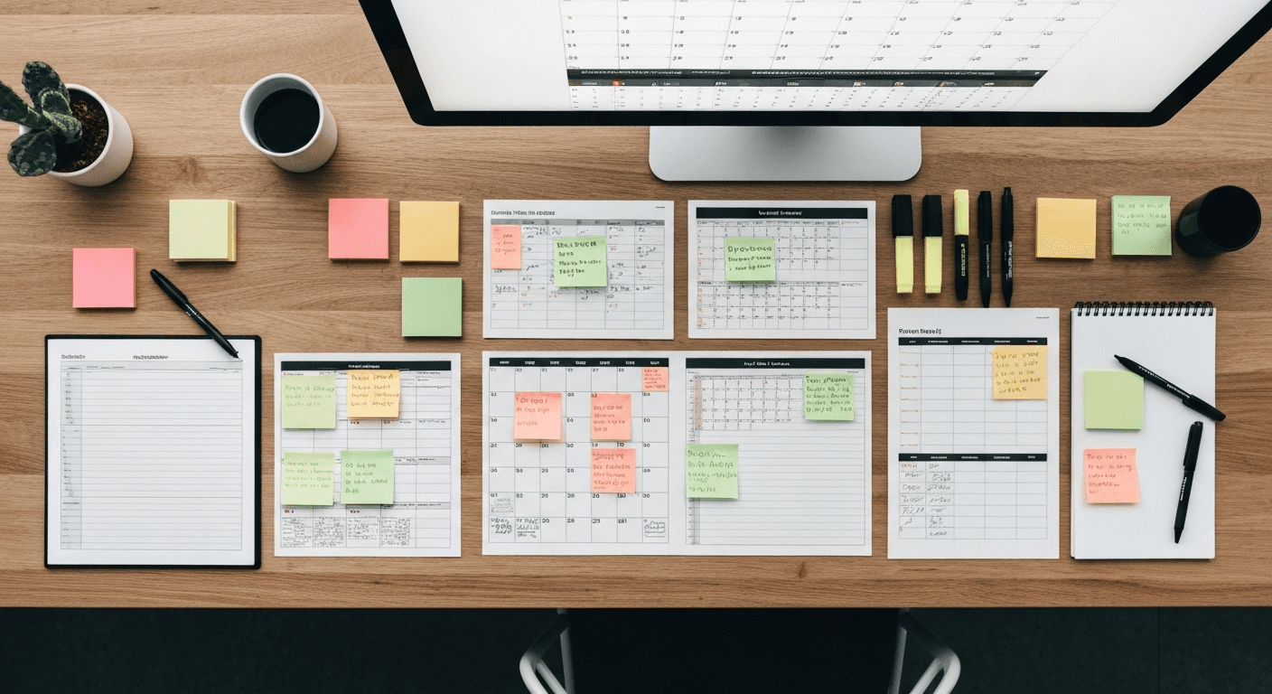 Overhead view of organized planning workspace with calendars. Overhead view of organized planning workspace with calendars.