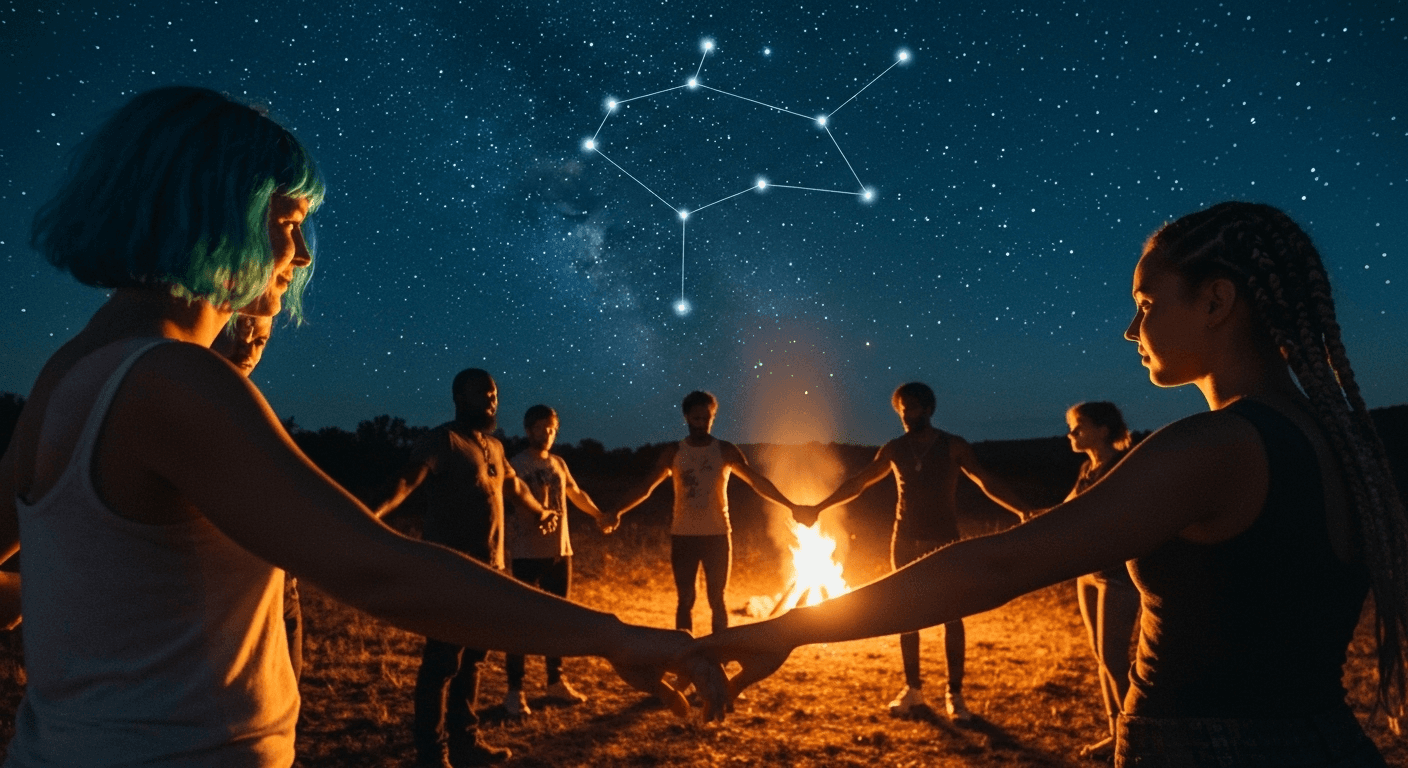 People holding hands under starry Aquarius constellation. People holding hands under starry Aquarius constellation.