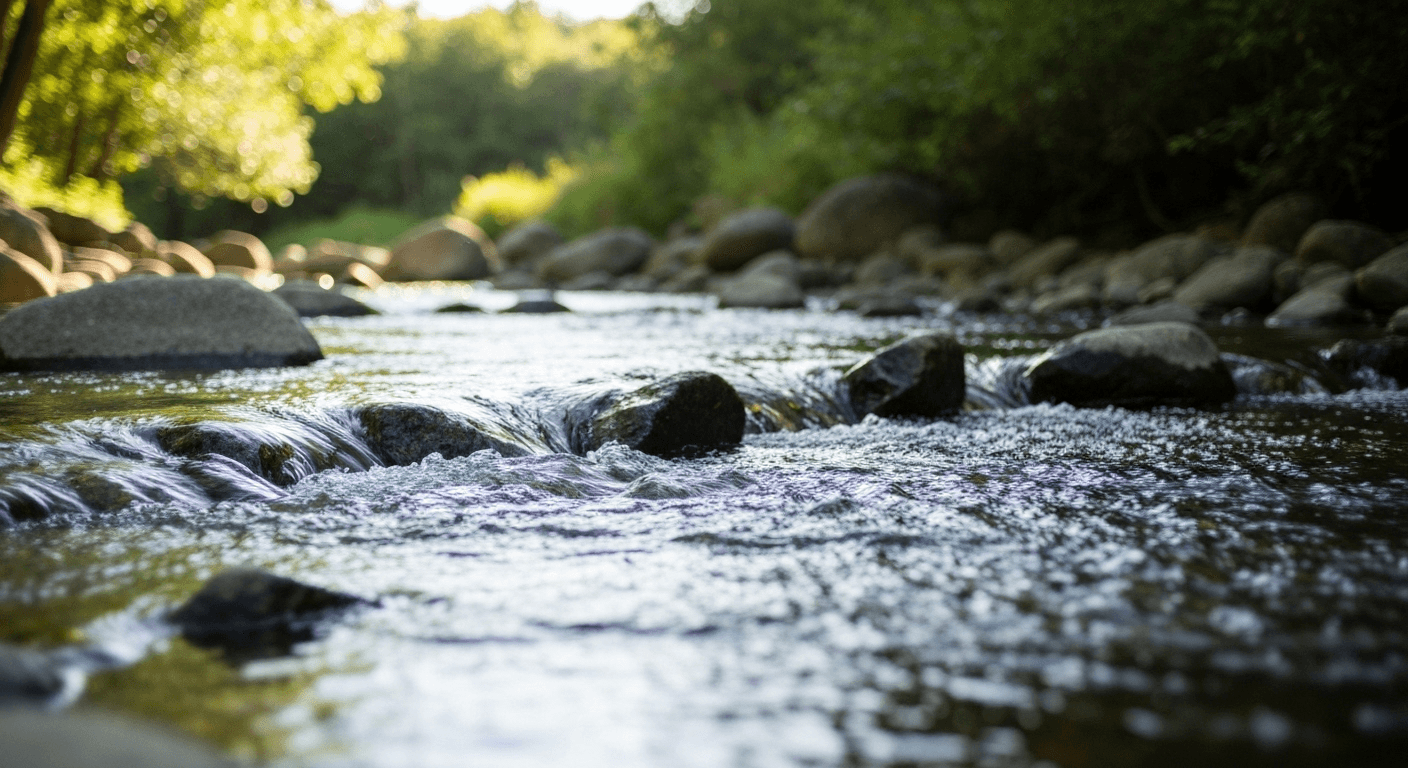Crystal-clear water cascading over smooth river stones. Crystal-clear water cascading over smooth river stones.