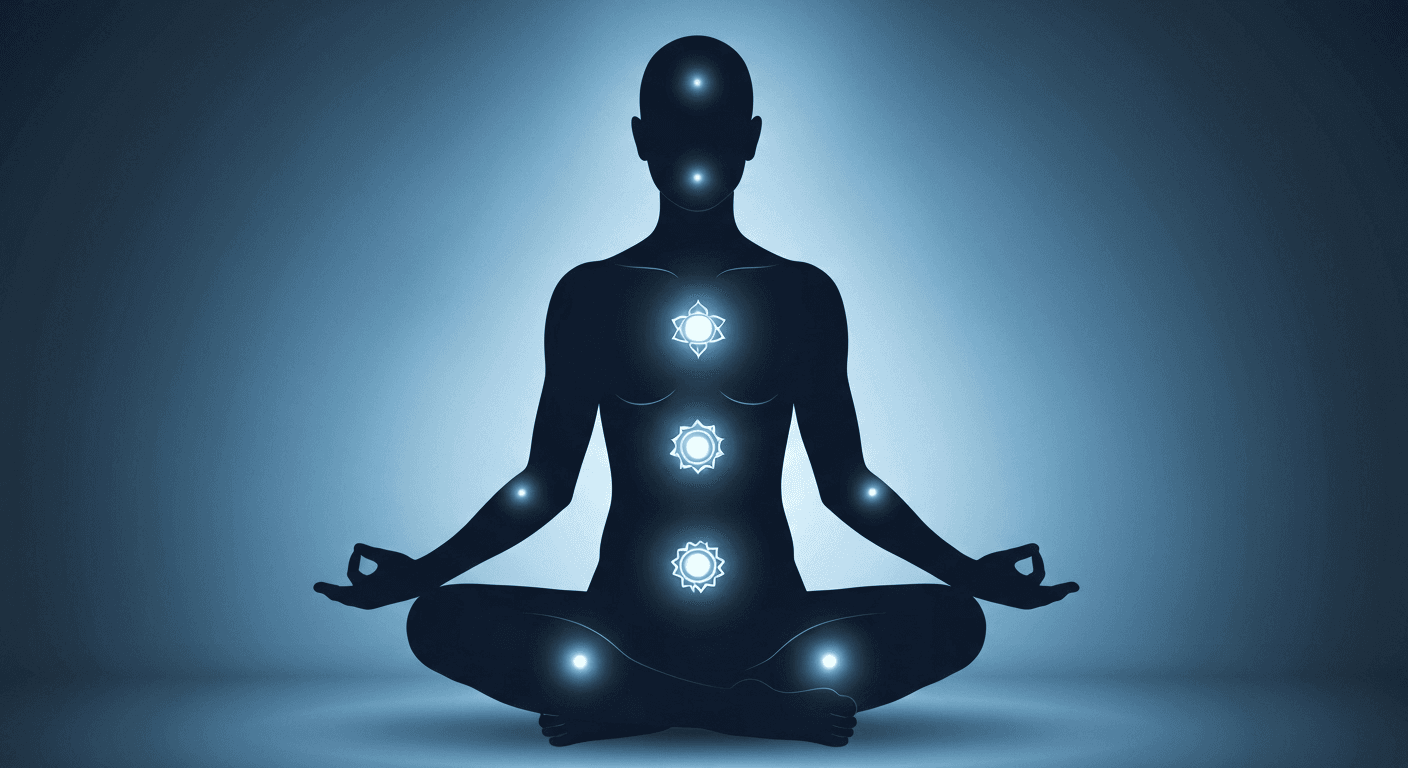 Glowing human silhouette meditating with healing light. Glowing human silhouette meditating with healing light.