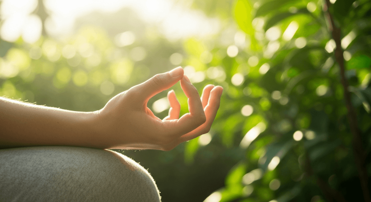 Hands in mudra position, morning meditation scene. Hands in mudra position, morning meditation scene.