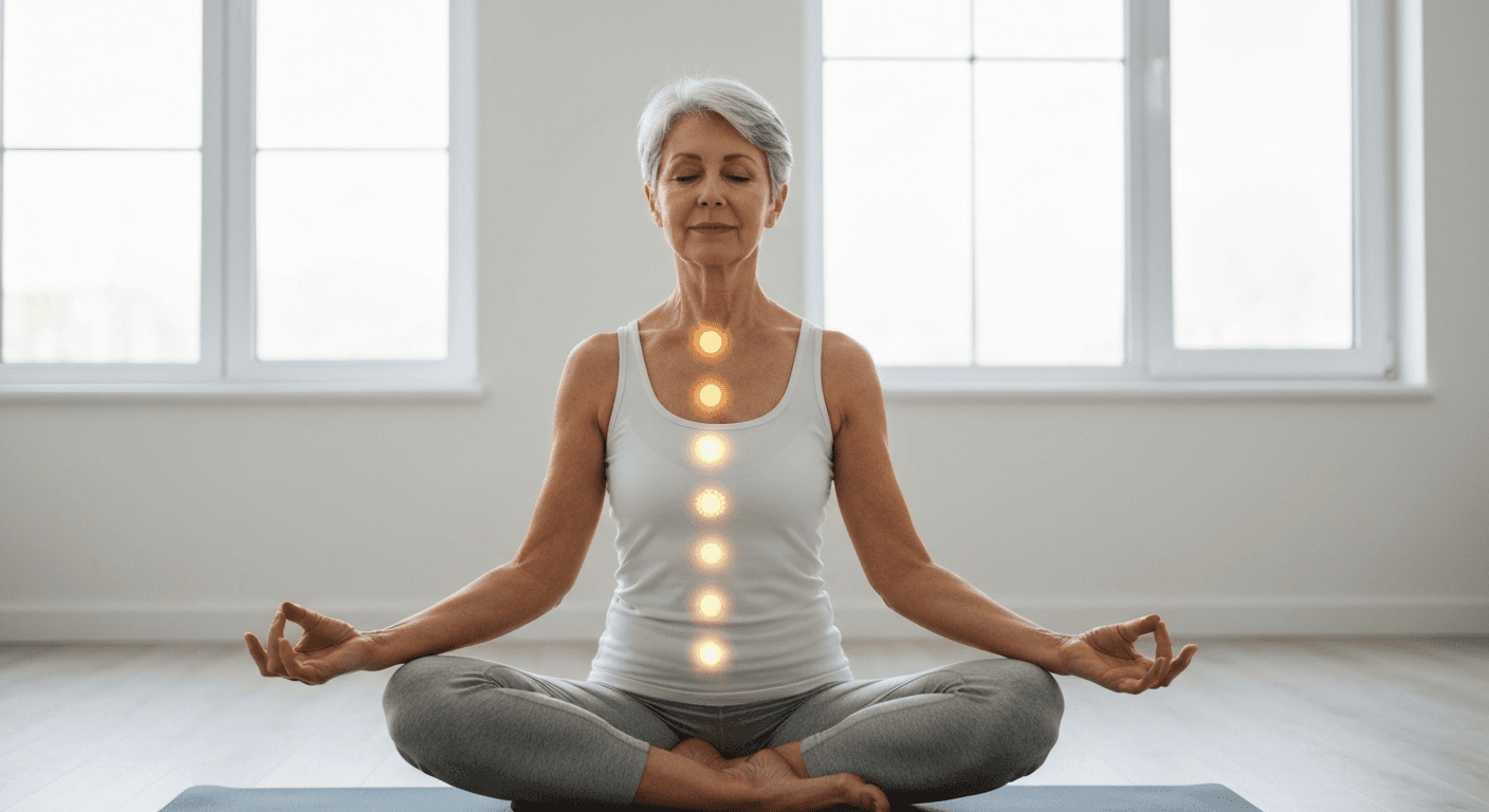 Person meditating with glowing chakra points, golden light. Person meditating with glowing chakra points, golden light.