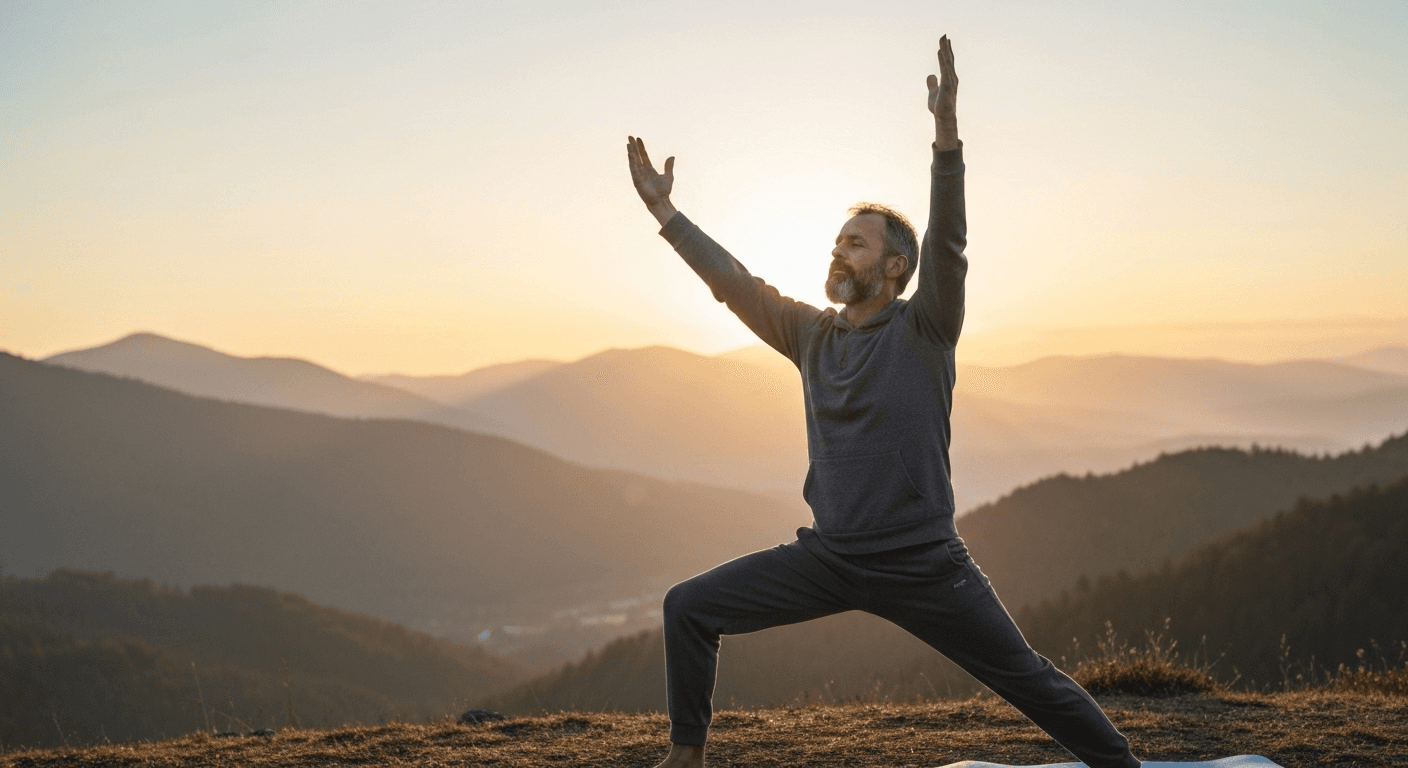 Person practicing yoga silhouetted against golden sunrise. Person practicing yoga silhouetted against golden sunrise.