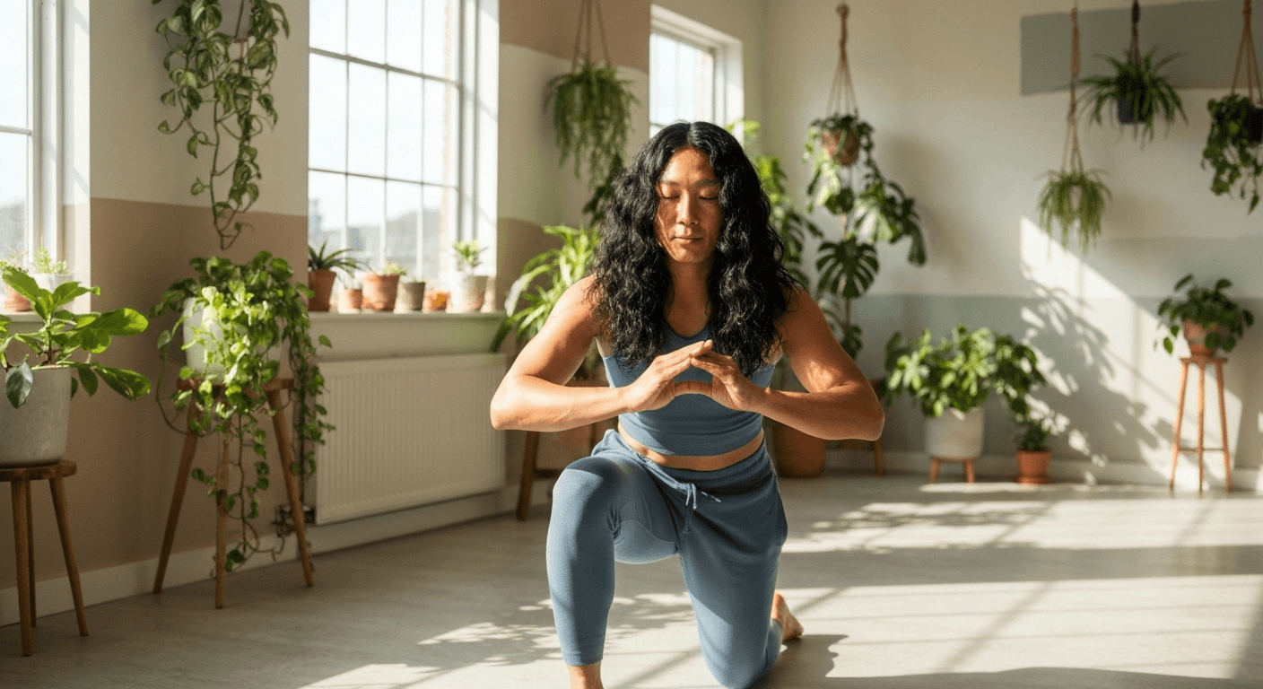 Practitioner demonstrating breathing techniques in bright studio. Practitioner demonstrating breathing techniques in bright studio.