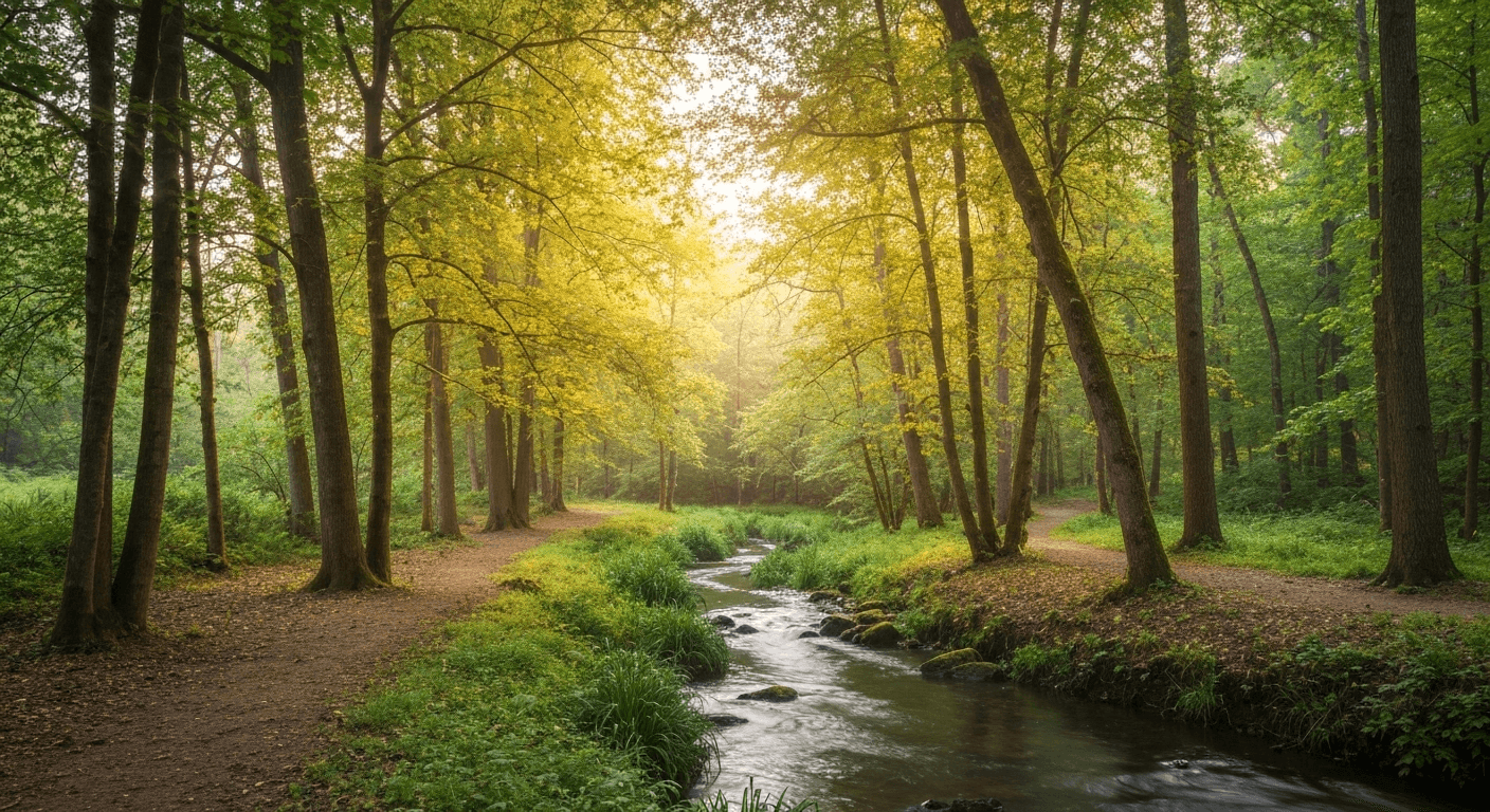 Serene landscape with flowing water and lush greenery. Serene landscape with flowing water and lush greenery.