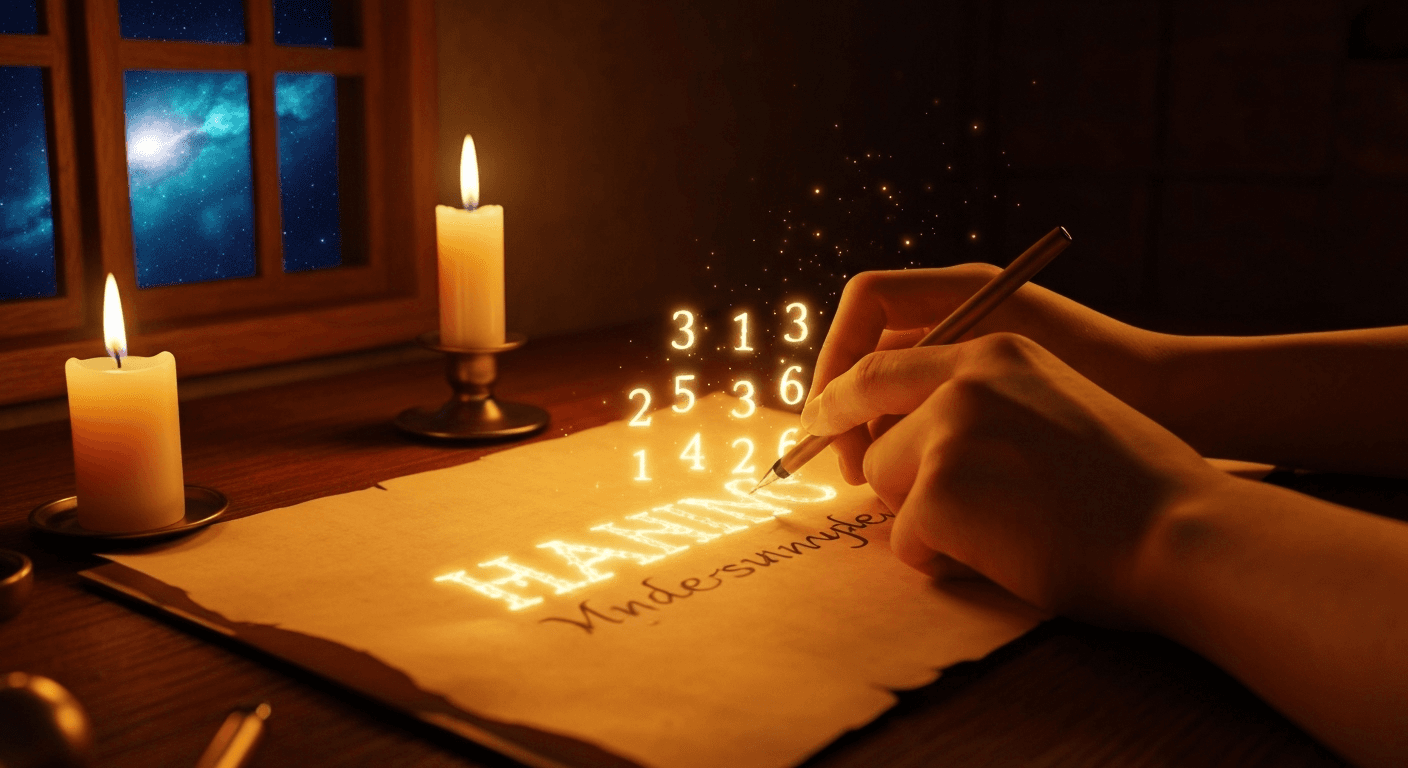 Hands writing on parchment, letters becoming luminous numerals. Hands writing on parchment, letters becoming luminous numerals.