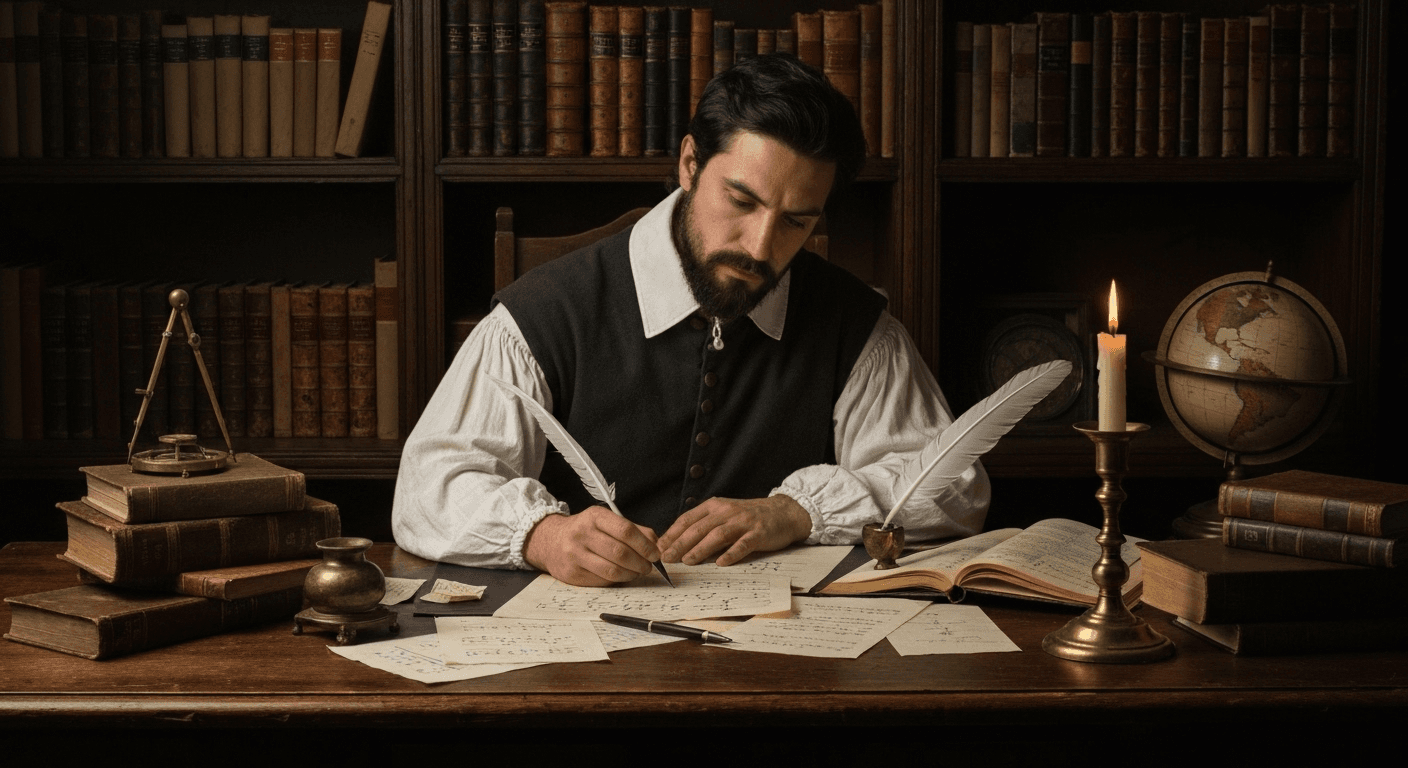 17th century mathematician solving equations at desk 17th century mathematician solving equations at desk
