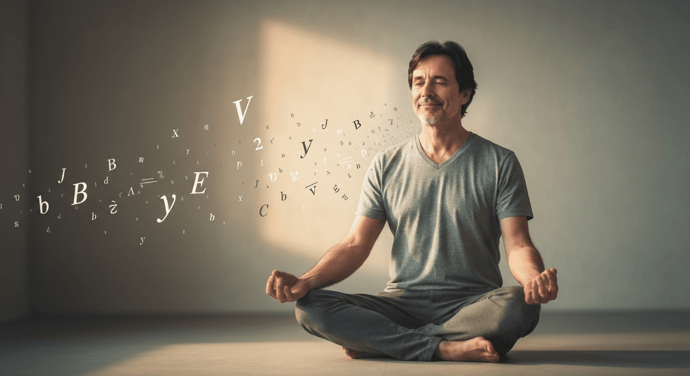 Meditating figure with floating mathematical symbols dissolving. Meditating figure with floating mathematical symbols dissolving.