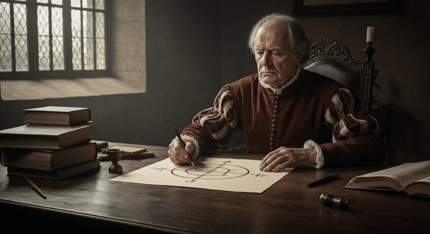 Renaissance mathematician examining mysterious cipher symbol, chiaroscuro. Renaissance mathematician examining mysterious cipher symbol, chiaroscuro.