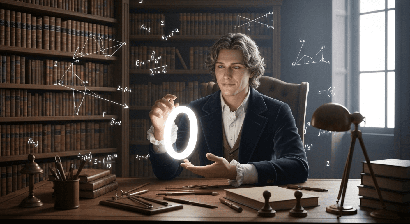 Scholar holding glowing zero symbol, floating equations. Scholar holding glowing zero symbol, floating equations.