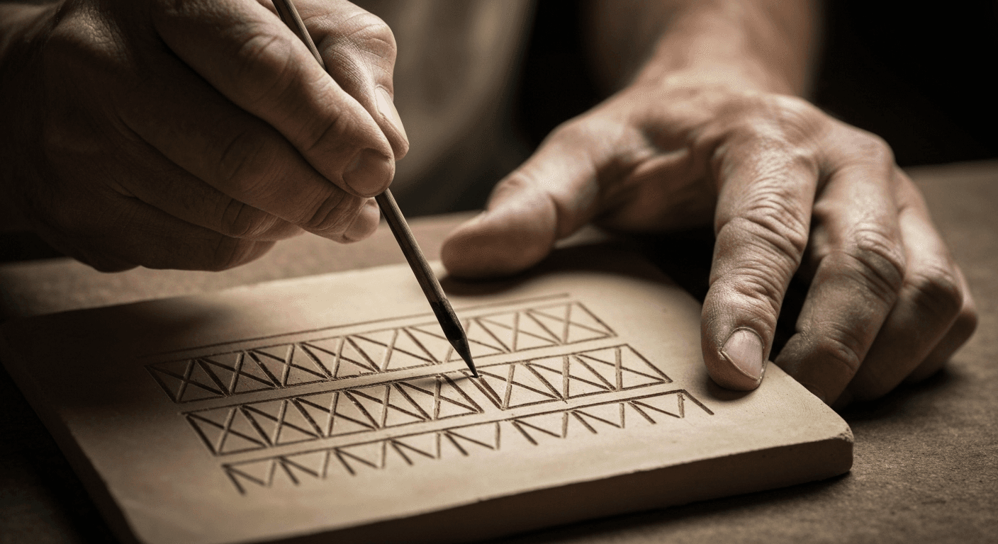 Weathered hands pressing stylus into clay tablet. Weathered hands pressing stylus into clay tablet.