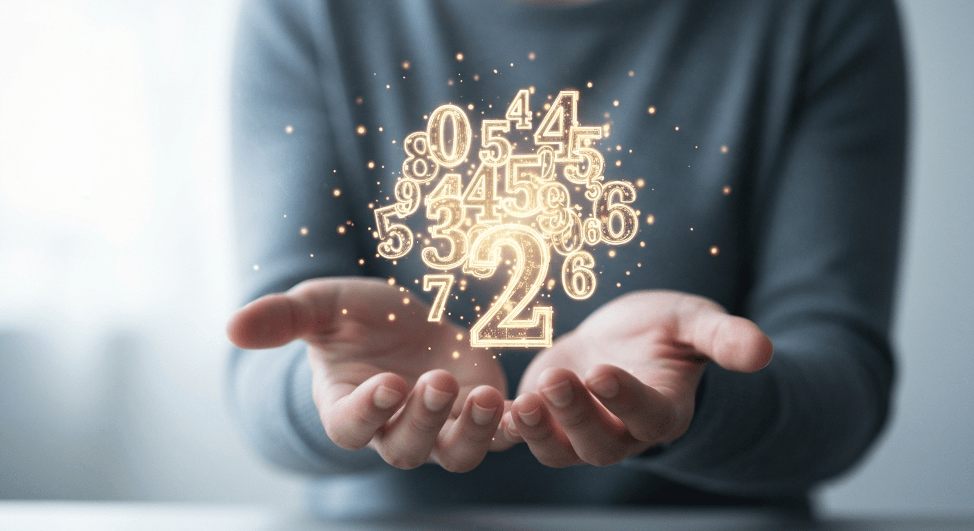 Hands holding glowing numbers in golden light. Hands holding glowing numbers in golden light.