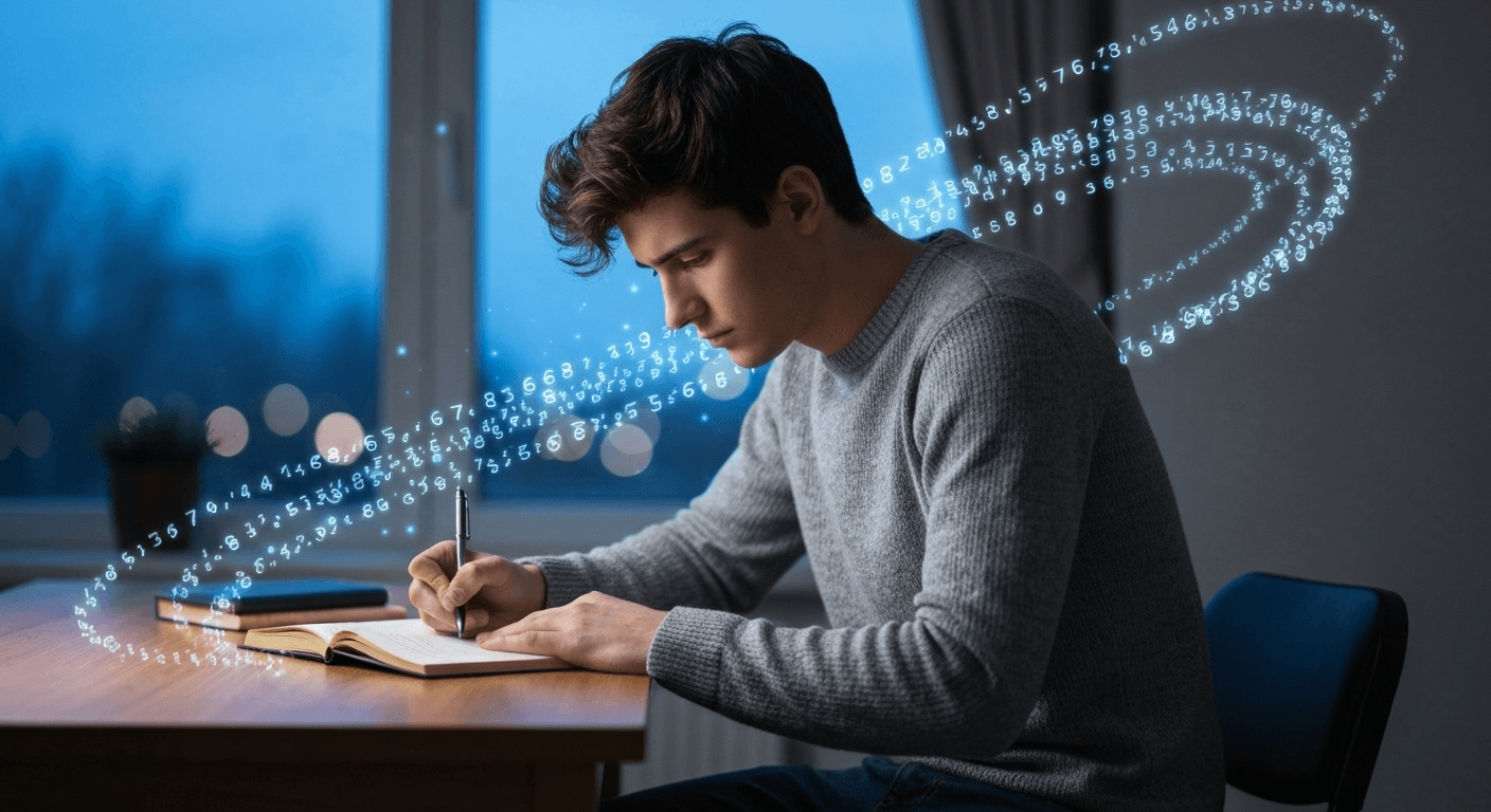 Person writing journal with floating luminous numbers. Person writing journal with floating luminous numbers.