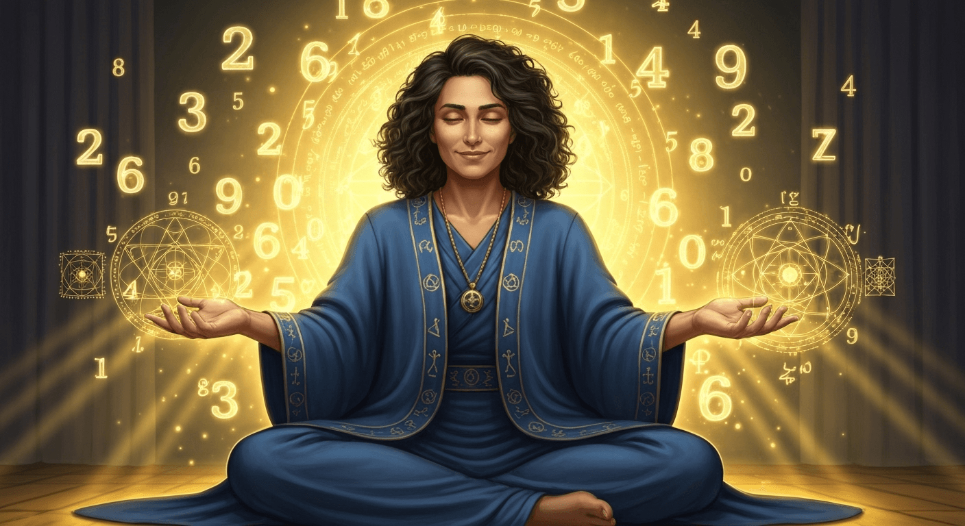 Wise expert surrounded by floating golden numbers. Wise expert surrounded by floating golden numbers.
