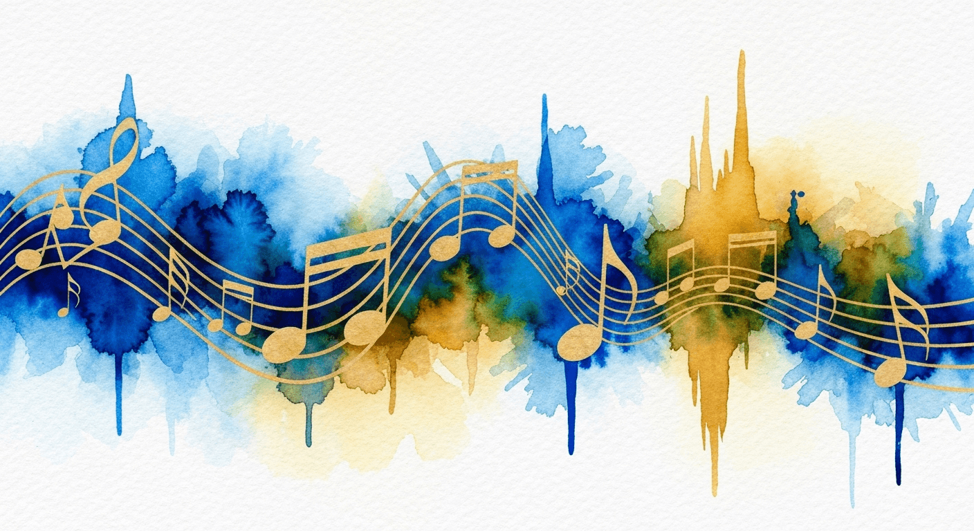 Abstract watercolor musical notes blues golds brushstrokes. Abstract watercolor musical notes blues golds brushstrokes.