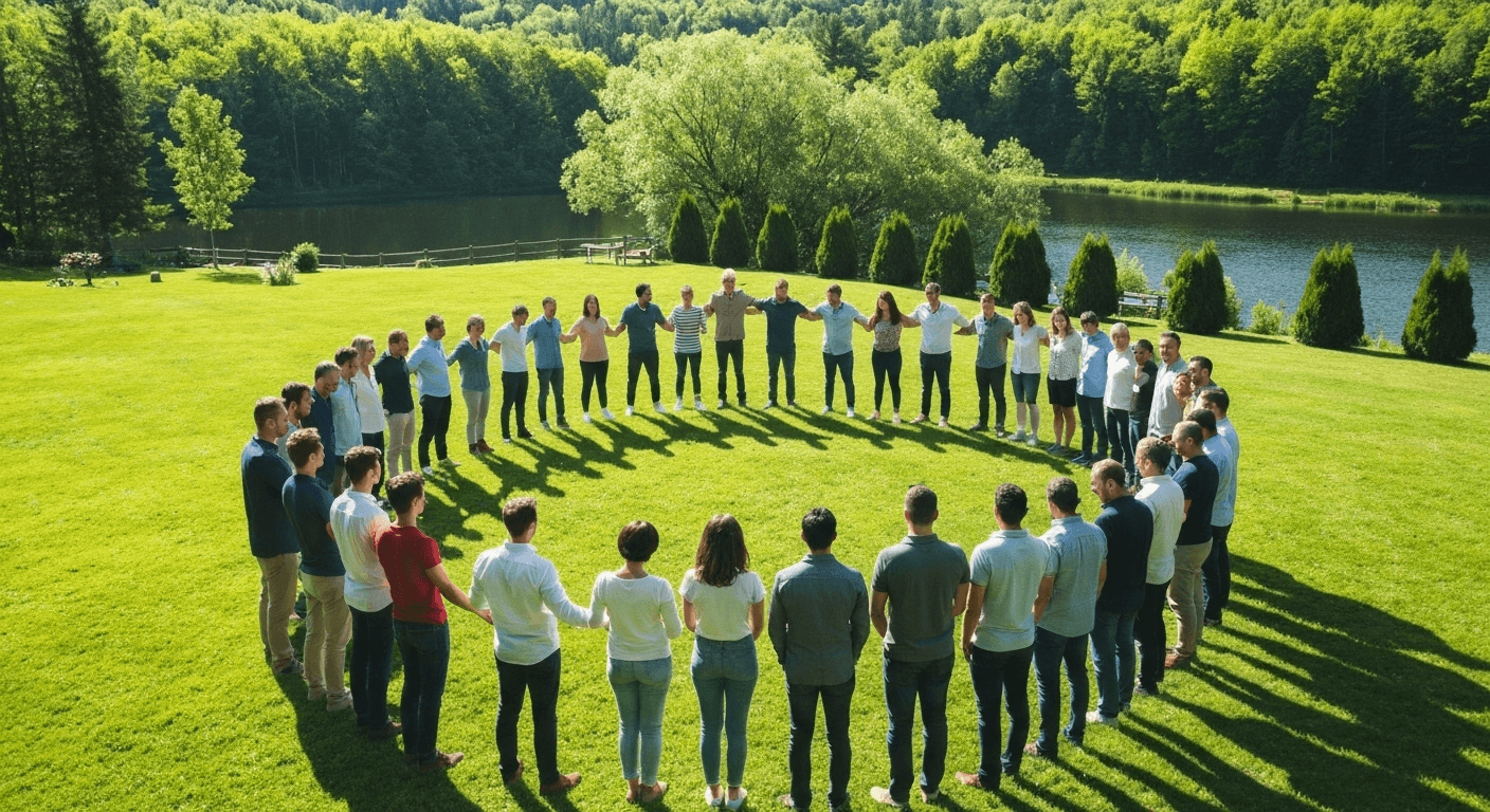 Aerial view people forming circle outdoor retreat Aerial view people forming circle outdoor retreat