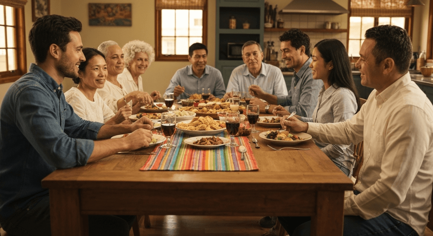 Family gathering around dinner table, warm lighting. Family gathering around dinner table, warm lighting.