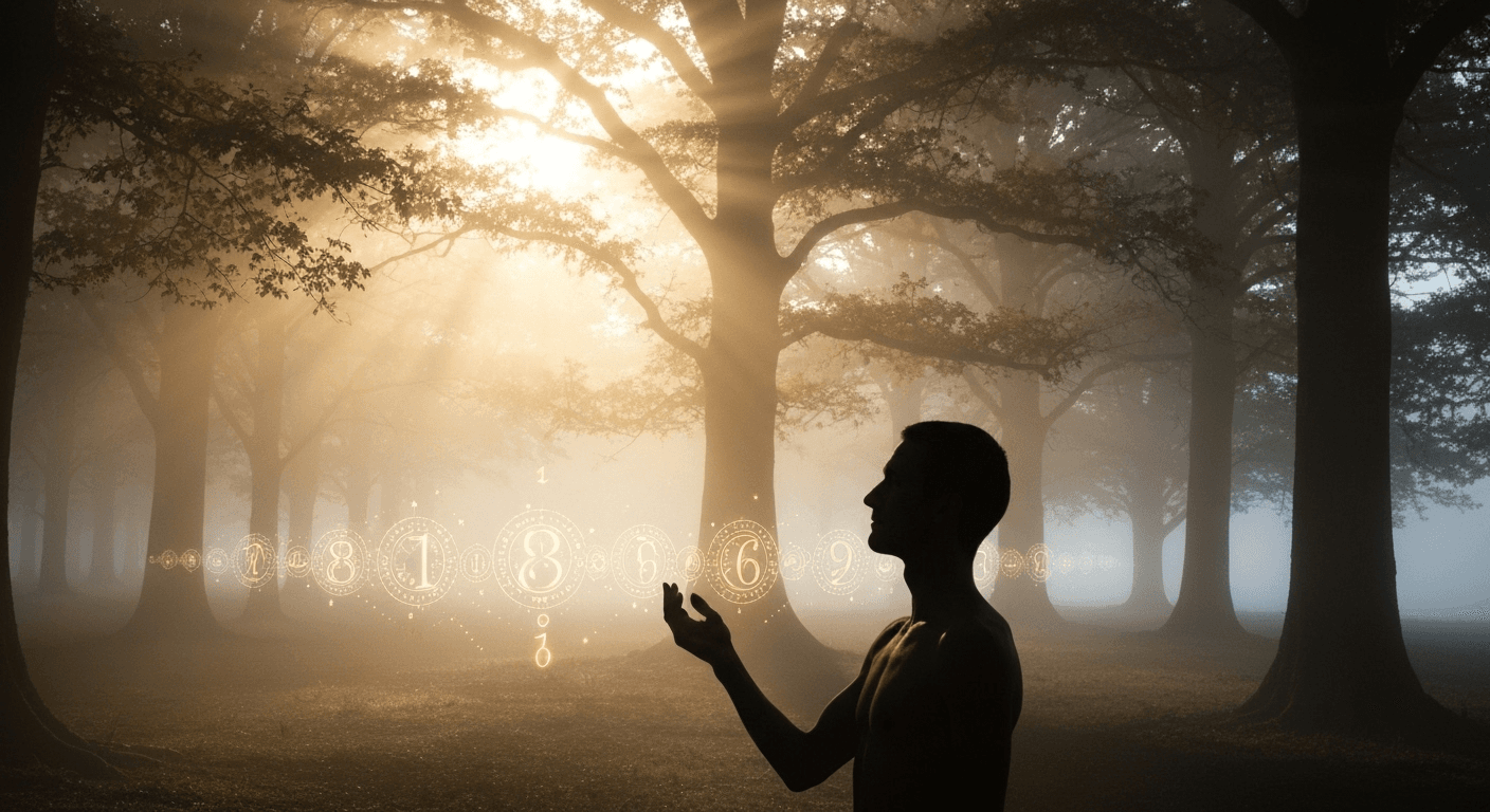 Person discovering illuminated patterns in foggy forest. Person discovering illuminated patterns in foggy forest.