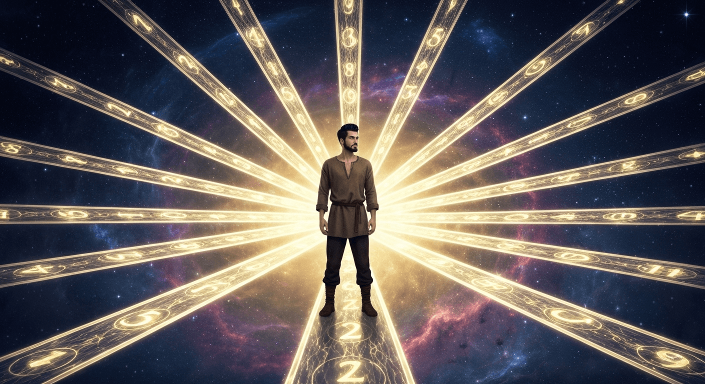 Person at glowing numbered crossroads with cosmic energy. Person at glowing numbered crossroads with cosmic energy.