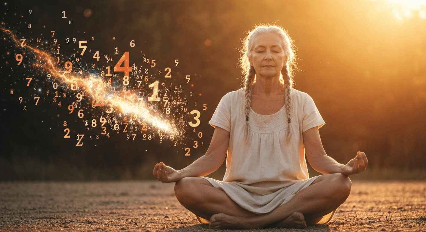 Person meditating surrounded by floating golden numbers. Person meditating surrounded by floating golden numbers.