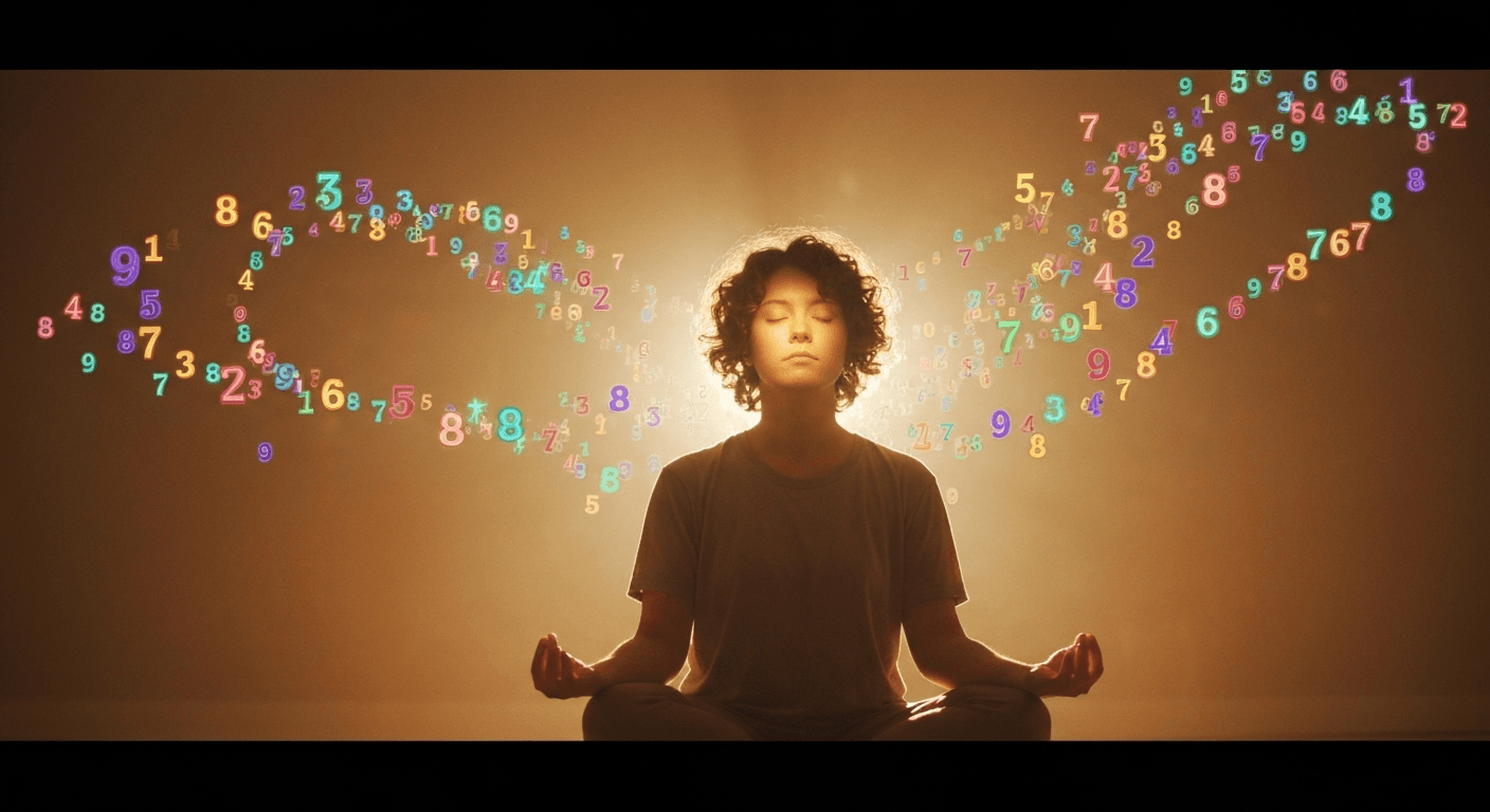 Person meditating with floating numbers, golden light. Person meditating with floating numbers, golden light.