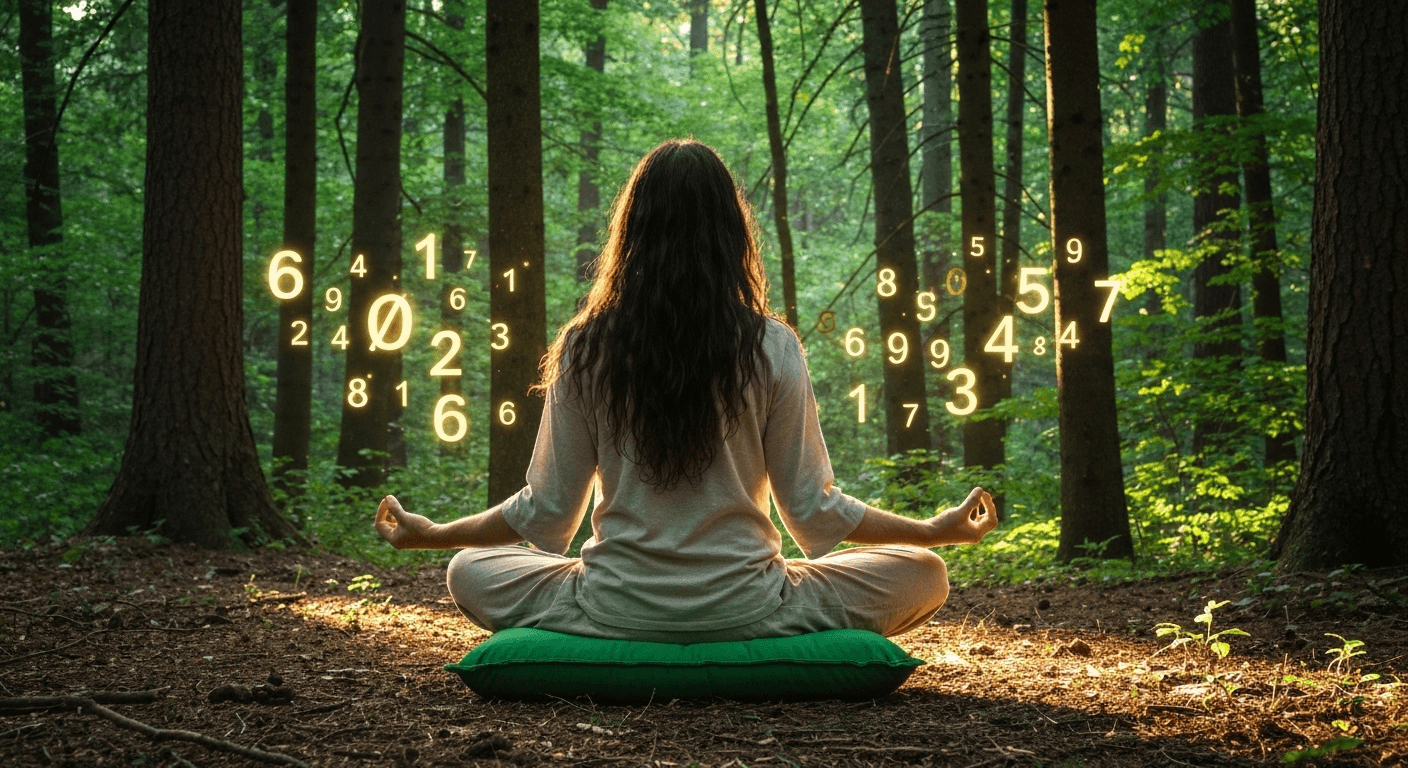 Person meditating with floating golden numbers, natural light. Person meditating with floating golden numbers, natural light.