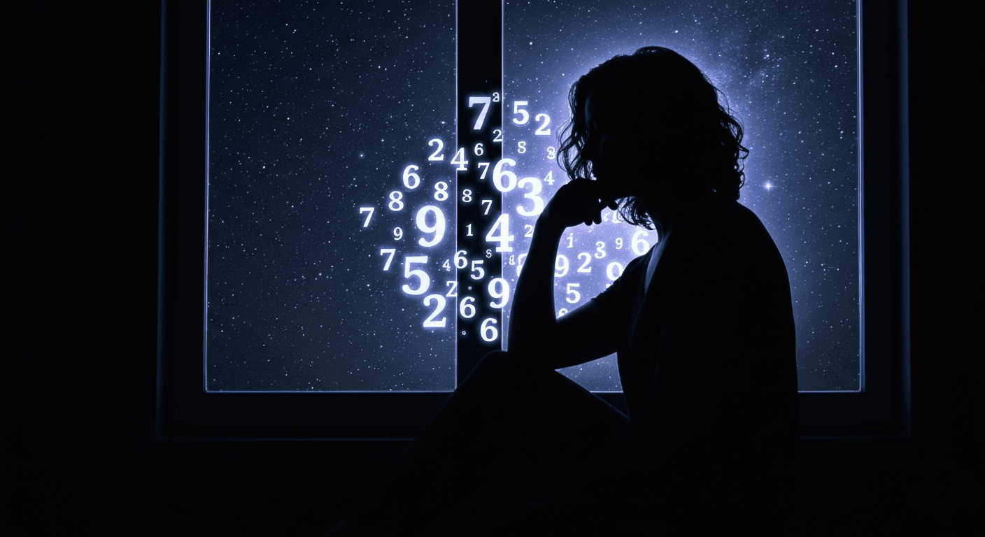Person silhouette by window with floating numbers. Person silhouette by window with floating numbers.