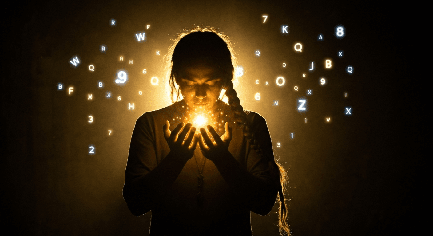 Silhouetted figure cupping glowing light with floating letters. Silhouetted figure cupping glowing light with floating letters.
