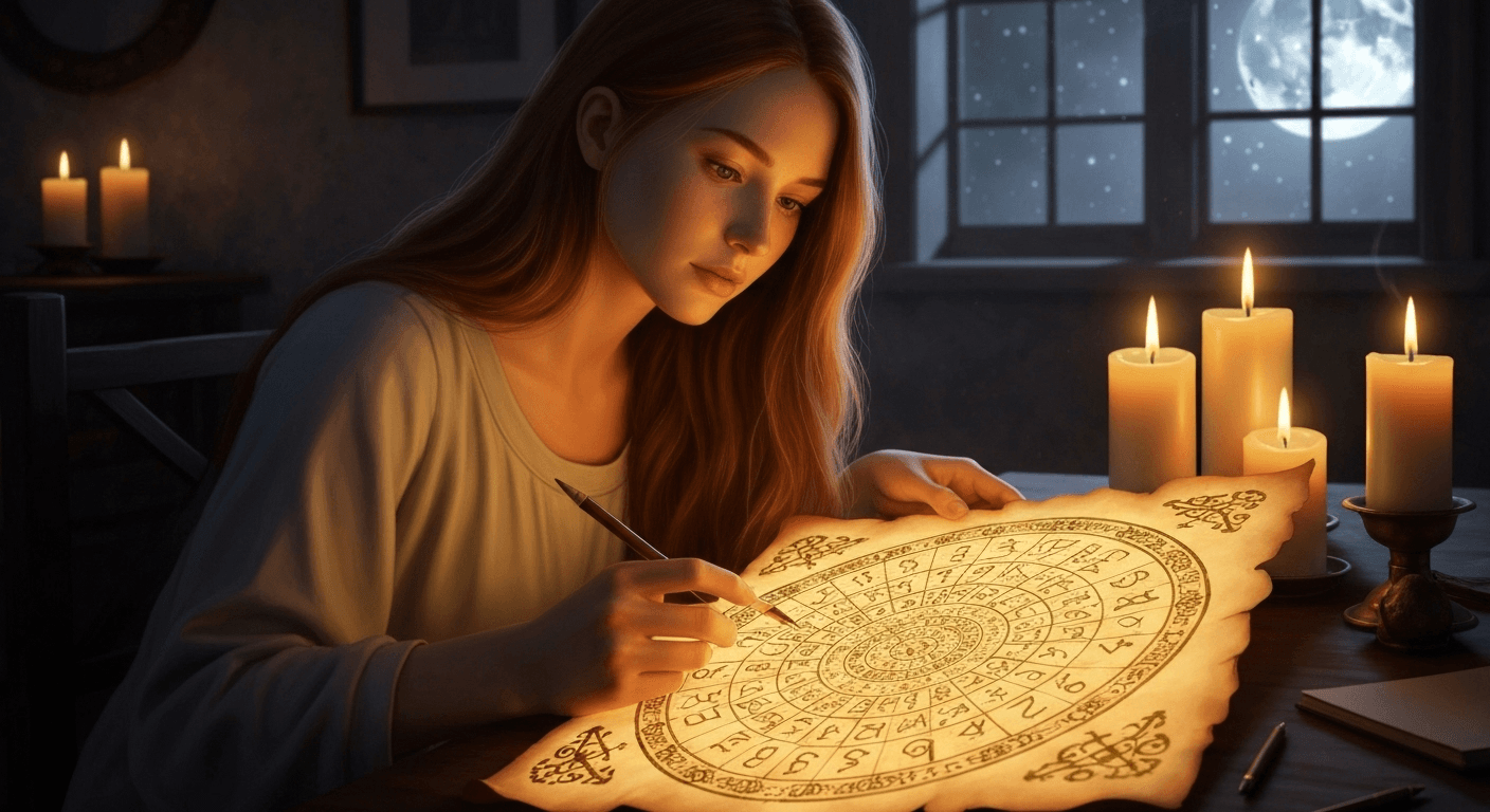 Woman reading glowing numerology chart by candlelight. Woman reading glowing numerology chart by candlelight.