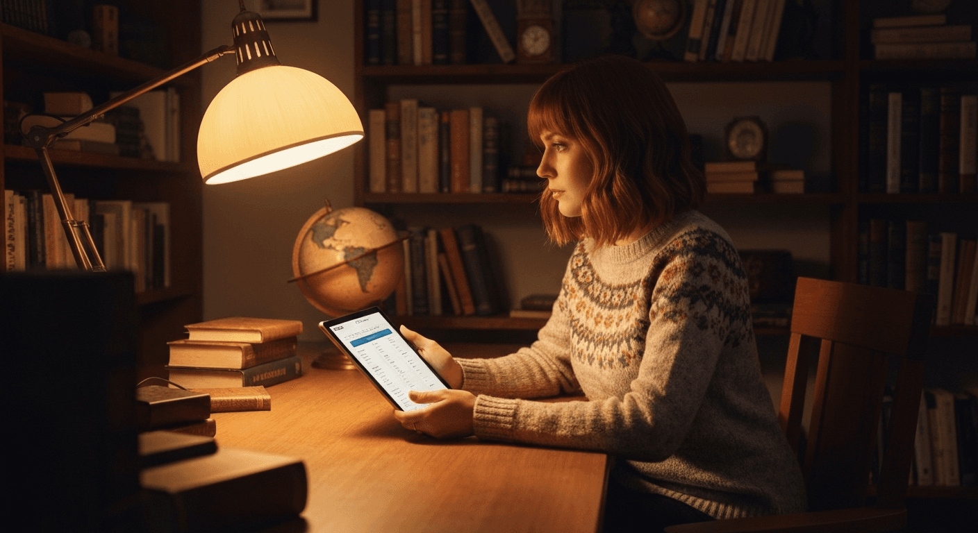 Woman reviewing numerology results on tablet, evening. Woman reviewing numerology results on tablet, evening.
