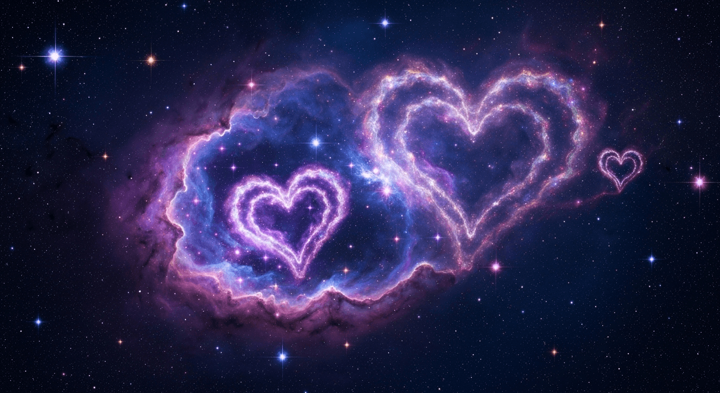 Cosmic heart-shaped nebulae in purple blue space. Cosmic heart-shaped nebulae in purple blue space.