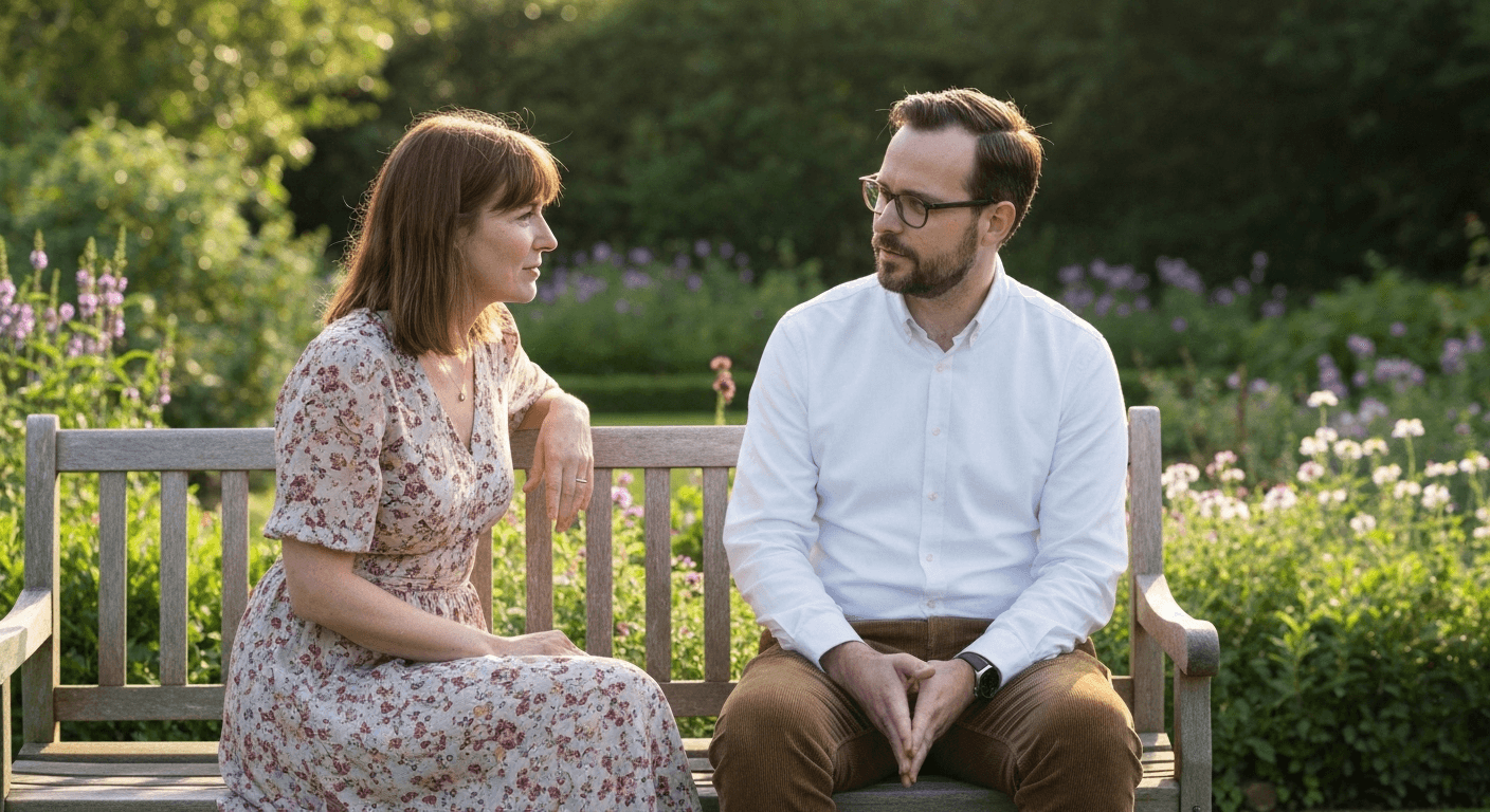 Two people conversing respectfully in peaceful garden. Two people conversing respectfully in peaceful garden.